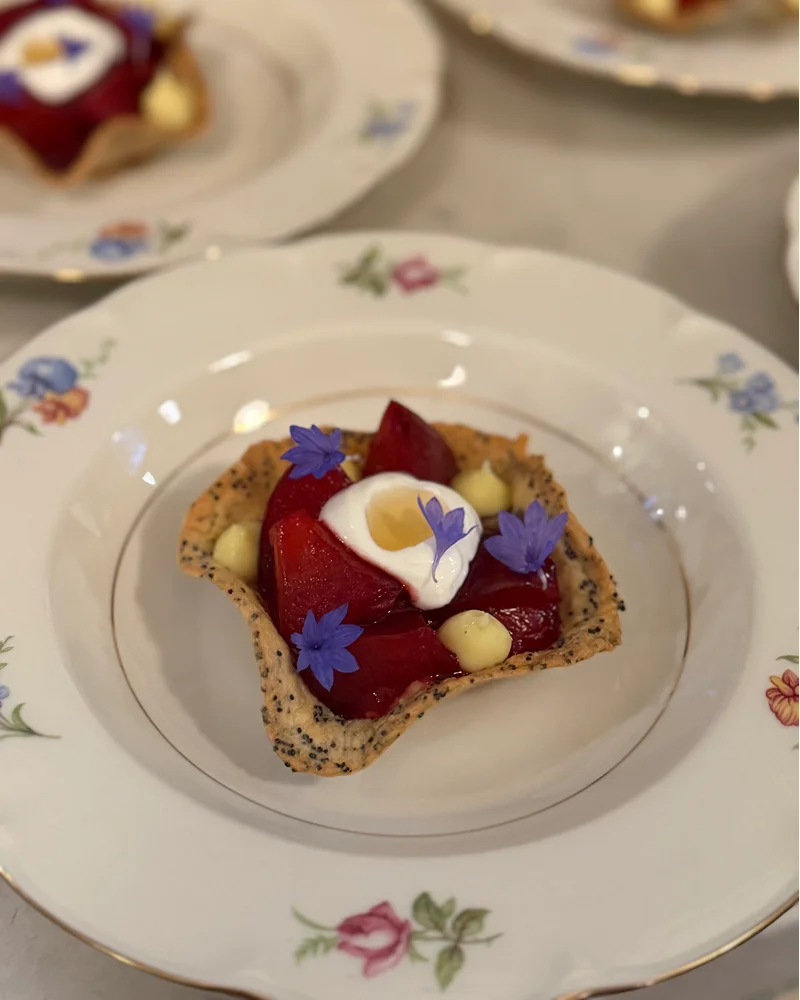 Plated pastry & berry reduction